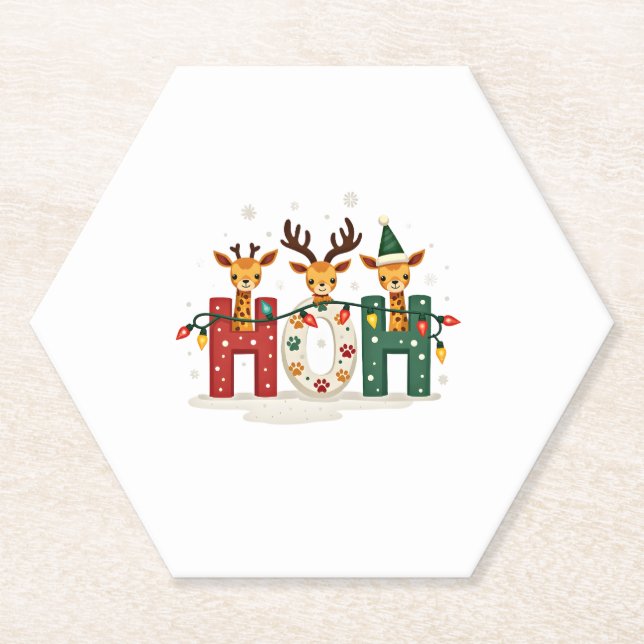 Matching Christmas Santa Hat Ho Ho Ho Giraffe Anim Paper Coaster (Front)