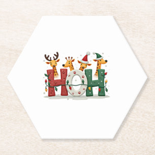 Matching Christmas Santa Hat Ho Ho Ho Giraffe Anim Paper Coaster