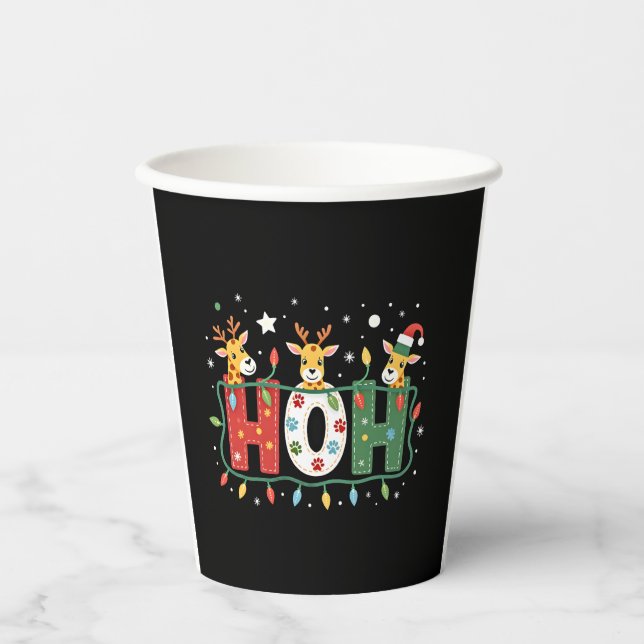 Matching Christmas Santa Hat Ho Ho Ho Giraffe Anim Paper Cups (Front)