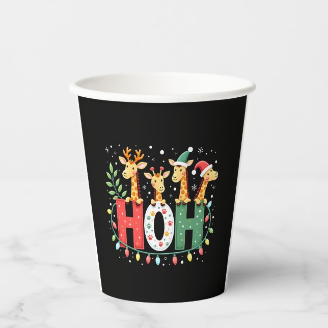 Matching Christmas Santa Hat Ho Ho Ho Giraffe Anim Paper Cups (Front)