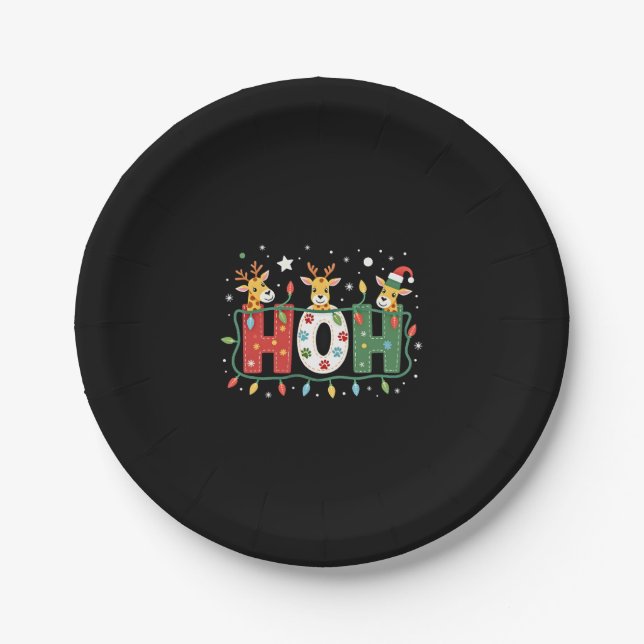 Matching Christmas Santa Hat Ho Ho Ho Giraffe Anim Paper Plate (Front)