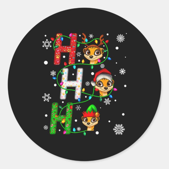 Matching Christmas Santa Hat Ho Ho Ho Meerkat Anim Classic Round Sticker (Front)