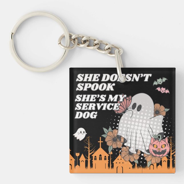 Matching Doesn't Spook Ghost & Pumpkin Service Dog Keychain (Front)