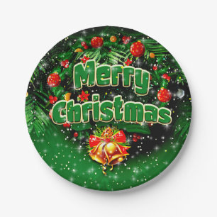 Matching Green Merry Christmas Gold Bells 7" Paper Plate