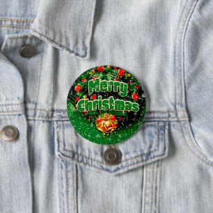 Matching Green Merry Christmas Gold Bells Greeting 3 Inch Round Button