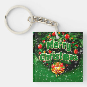 Matching Green Merry Christmas Gold Bells Greeting Keychain