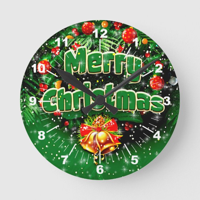 Matching Green Merry Christmas Gold Bells Greeting Round Clock (Front)