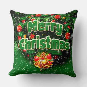 Matching Green Merry Christmas Gold Bells Greeting Throw Pillow