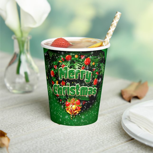 Matching Green Merry Christmas Gold Bells Paper Cups (Insitu)