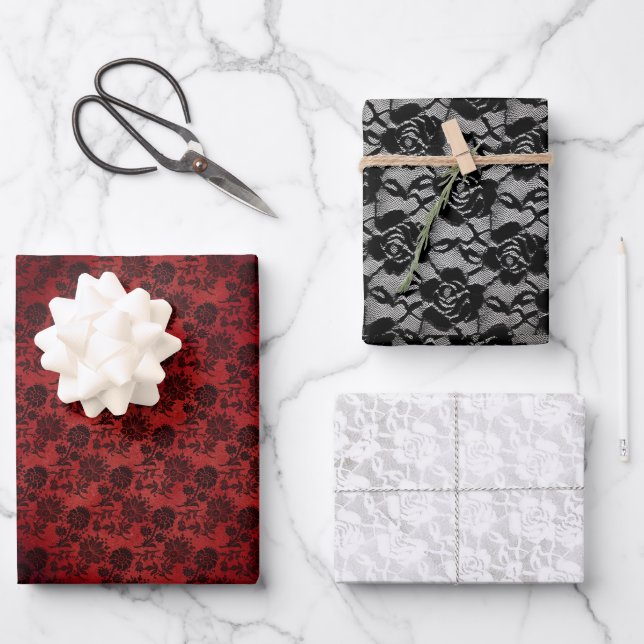 Matching Halloween Black Roses Goth White Lace Red Wrapping Paper Sheet (Front)