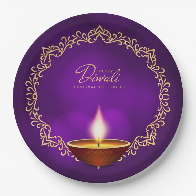 Matching Happy Diwali Purple 9" Paper Plate (Front)