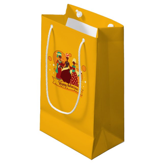 Matching Happy Kwanzaa 3 Ladies Yellow Small Gift Bag (Front Angled)