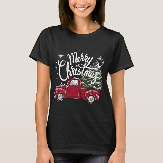 Matching Merry Christmas Tree on Red Truck Car Cos T-Shirt (Front)