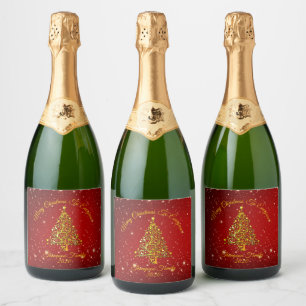 Matching Set Christmas Red Gold Tree Stars Name Sparkling Wine Label
