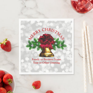 Matching Set Gold Bell Red Bow Christmas Luncheon Napkin
