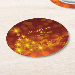 Matching Set Gold Stars Tree Change Name Round Paper Coaster
