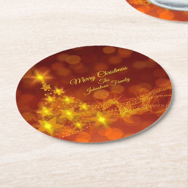 Matching Set Gold Stars Tree Change Name Round Paper Coaster (Angled)