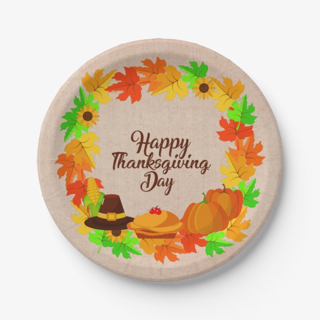 Matching Set Thanksgiving Green Gold Wreath Hat 7" Paper Plate (Front)