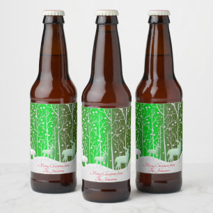 Matching Set White Reindeer Edit Name Green Beer Bottle Label