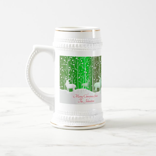 Matching Set White Reindeer Edit Name Green Beer Stein (Left)