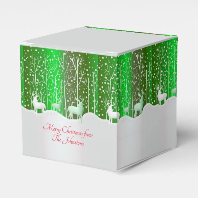 Matching Set White Reindeer Edit Name Green Favor Box (Front Side)