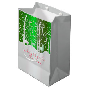 Matching Set White Reindeer Edit Name Green Medium Gift Bag