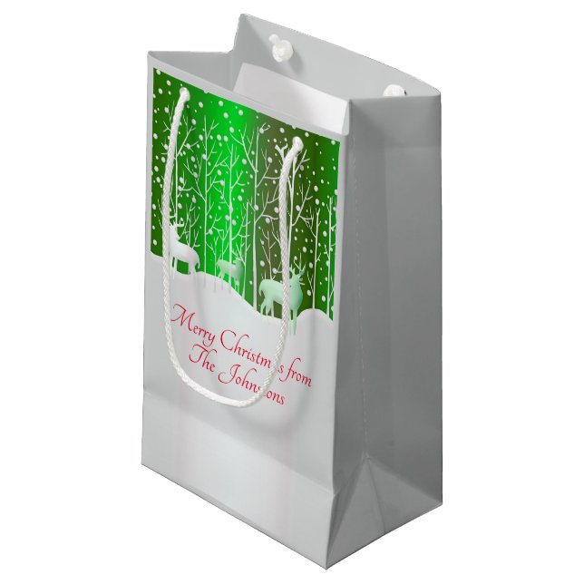 Matching Set White Reindeer Edit Name Green Small Gift Bag (Front Angled)