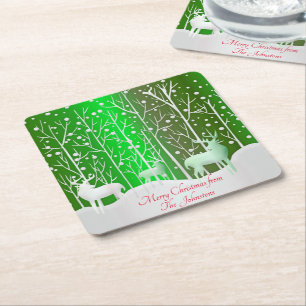 Matching Set White Reindeer Edit Name Green Square Paper Coaster