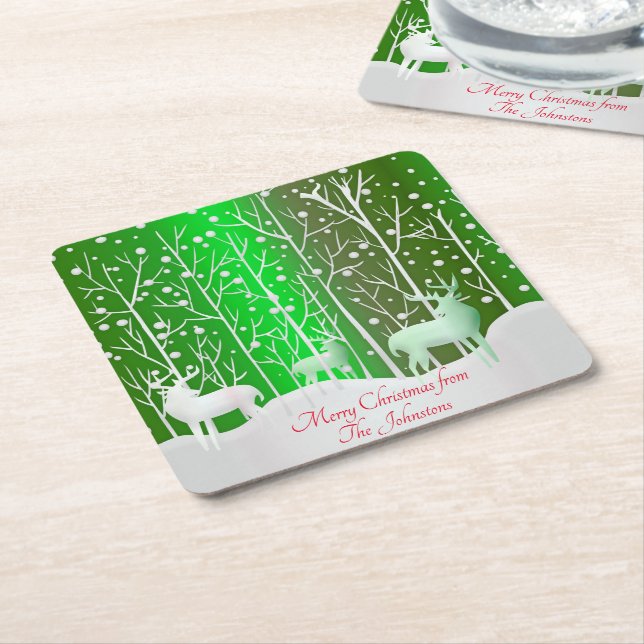 Matching Set White Reindeer Edit Name Green Square Paper Coaster (Angled)