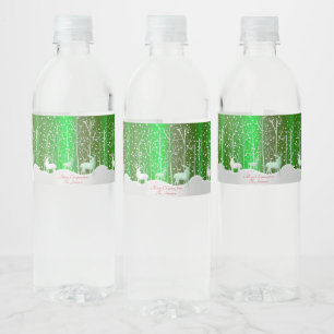 Matching Set White Reindeer Edit Name Green Water Bottle Label