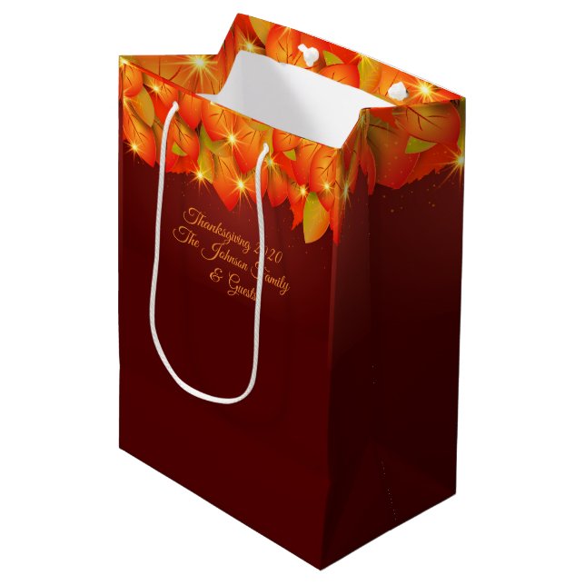 Matching Thanksgiving Orange Leaf Name Year Medium Gift Bag (Front Angled)