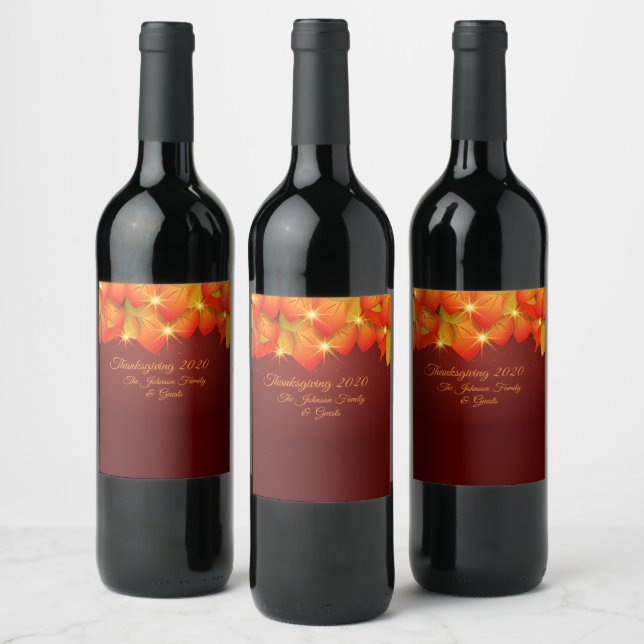 Matching Thanksgiving Orange Leaf Name Year Wine Label (Bottles)