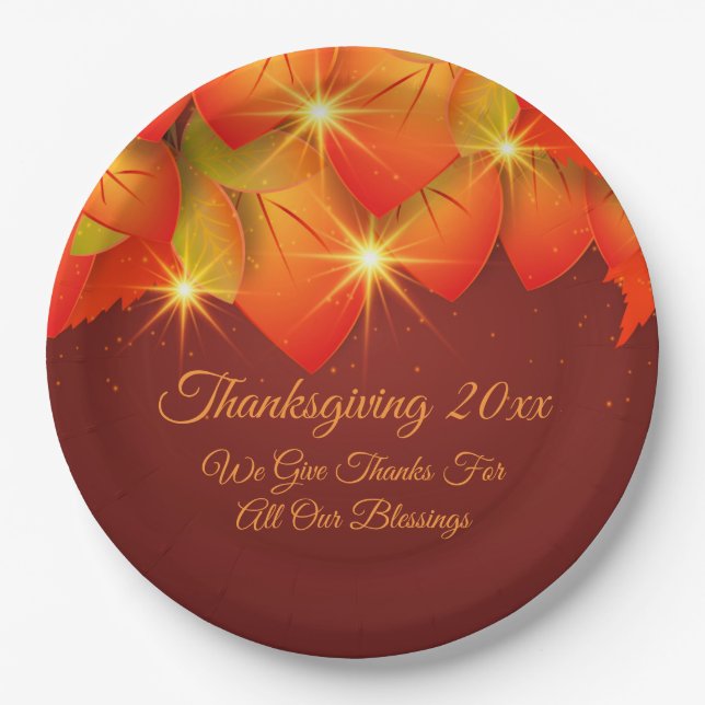 Matching Thanksgiving Orange Leaves Message 9" Pap Paper Plate (Front)