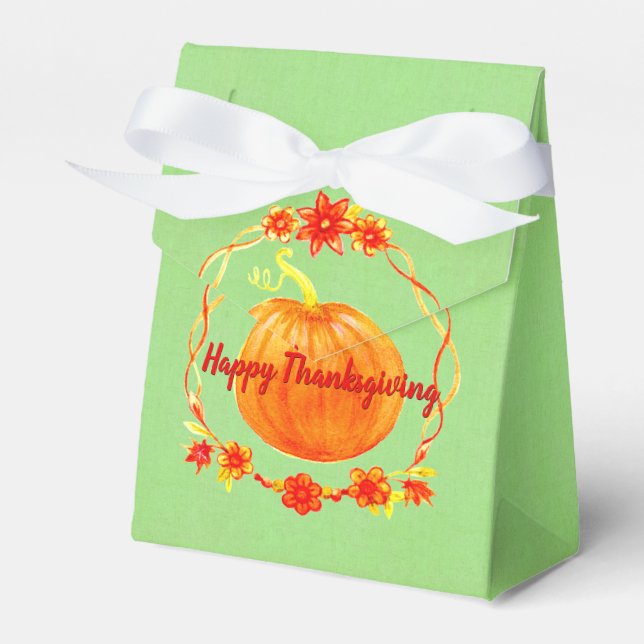Matching Thanksgiving Watercolor Pumpkin on Green Favor Box (Front Side)