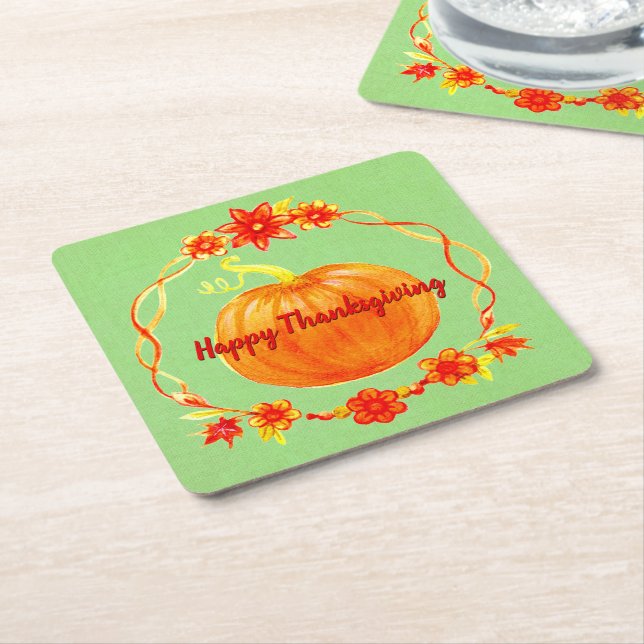 Matching Thanksgiving Watercolor Pumpkin on Green Square Paper Coaster (Angled)