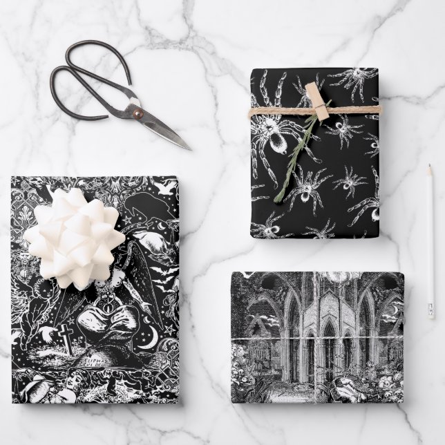 Matching Victorian Gothic Black and White Goulish Wrapping Paper Sheet (Front)