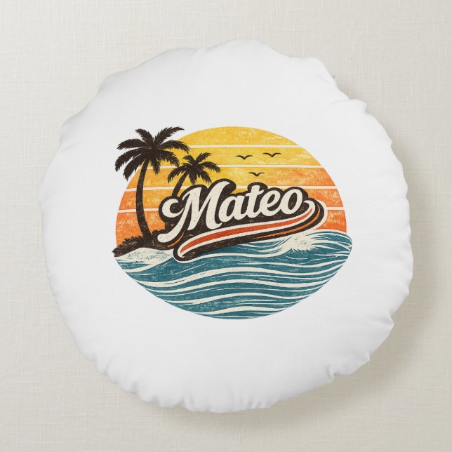 Mateo Retro Sunset Name Design Round Pillow (Back)