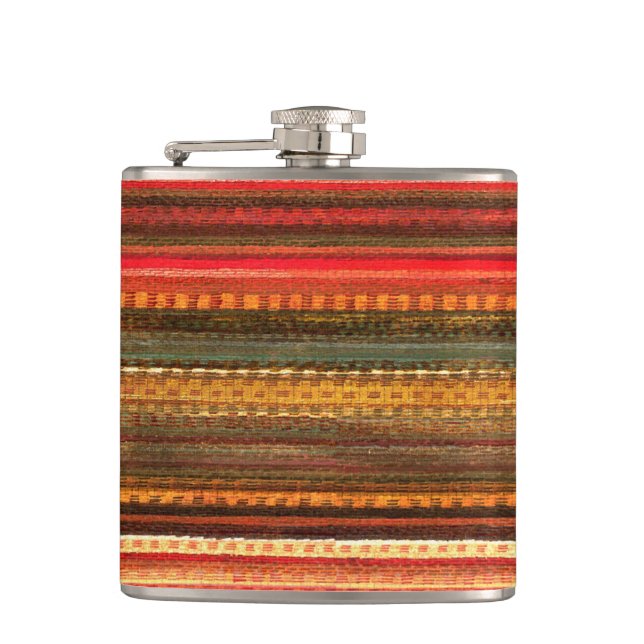 Material Textile Stripes Red Orange and Green Hip Flask (Front)