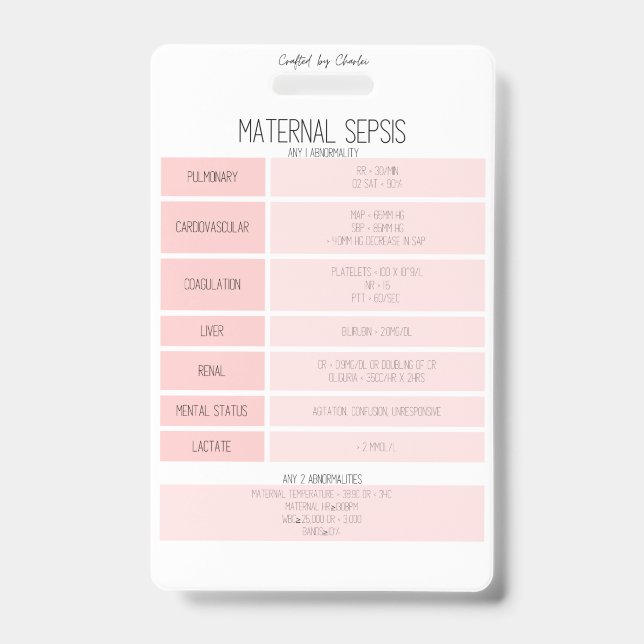 Maternal Sepsis Reference Nurse Badge Card (Front)