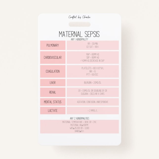 Maternal Sepsis Reference Nurse Badge Card (Front)