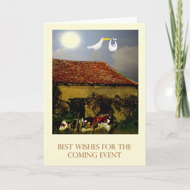 Maternity leave best wishes, stork, baby, moon card (Front)