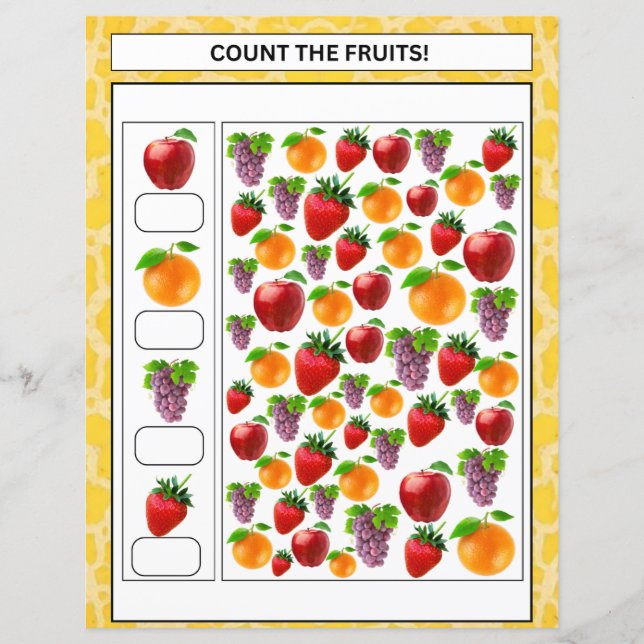 math worksheet count the fruits & vegetables kids (Front)