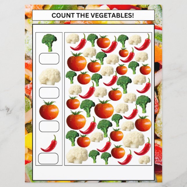Math worksheet count the vegetables & fruits kids (Front)