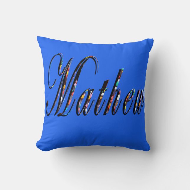 Mathew, Logo, Name, Blue Throw Cushion. Pillow (Front)