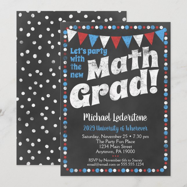 Mathmatics Graduation Party Invitation Rouge Bleu (Devant / Derrière)