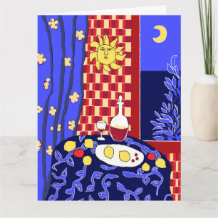 Matisse Inspired Blue Night Still Life Wine Lemons Card