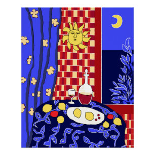 Matisse Inspired Blue Night Still Life Wine Lemons Poster