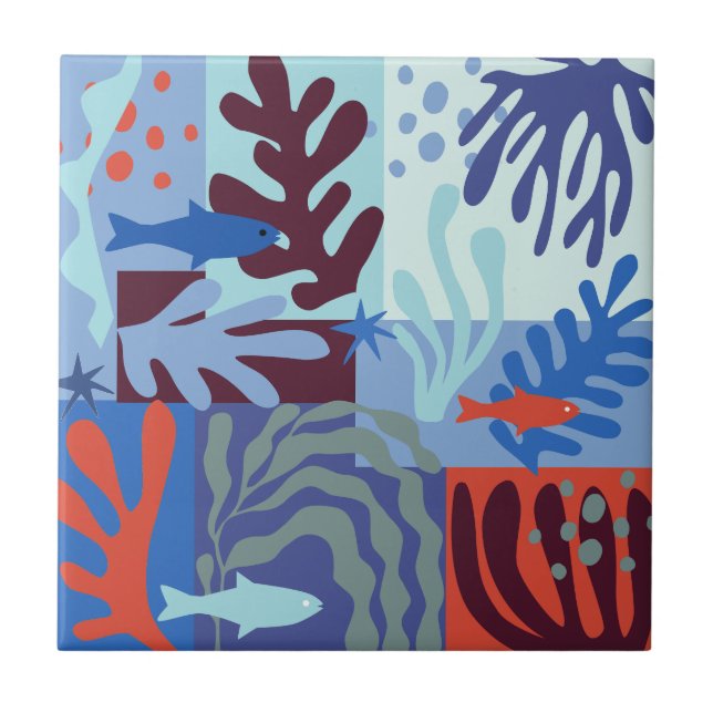 Matisse Inspired Ocean Life Paper Cutouts Blue Tile (Front)