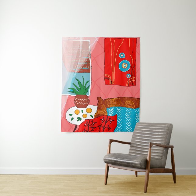Matisse Inspired Red Room with Oranges and Aloe  Tapestry (In Situ)