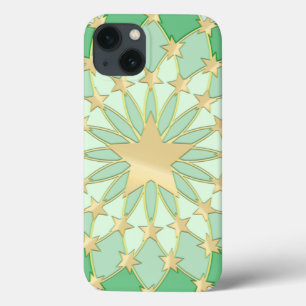 Matrix golden stars expanding circles pastel green iPhone 13 case